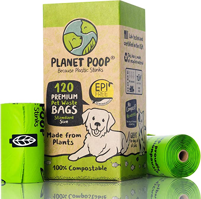 PLANET POOP Home Compostable Dog Poo Bags on Refill Rolls, Standard Size Biodegradable for Dogs, Un-Scented Dog Waste Bags, Thick Leakproof Doggy & Cat Bag, Plant-Based Eco Earth Friendly Pet Supplies