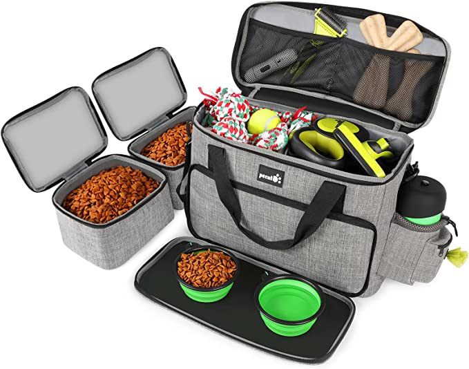 Dog Travel Bag for Supplies, Airline Approved Pet Travel Bag, Dog Travel Set with 2 Dog Food Bags, 2 Collapsible Bowls, Weekend Tote Organizer with Multi-Function Pockets