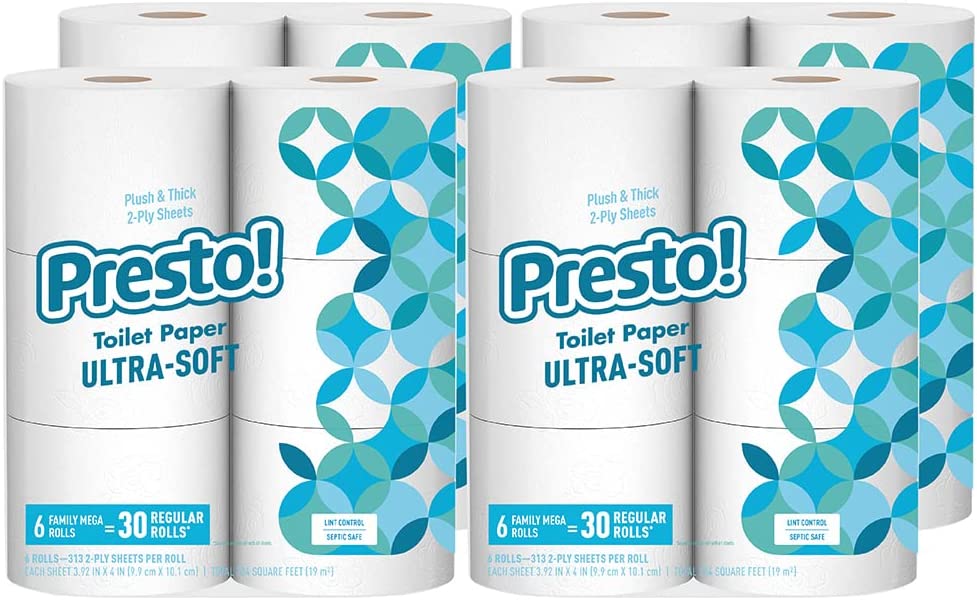 Amazon Brand - Presto! 313-Sheet Mega Roll Toilet Paper, Ultra-Soft, 6 Count (Pack of 4), 24 Family Mega Rolls = 120 regular rolls