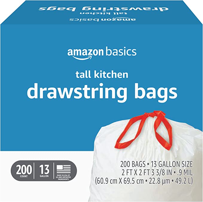 Amazon Basics Tall Kitchen Drawstring Trash Bags, 13 Gallon, 200 Count (Previously Solimo)