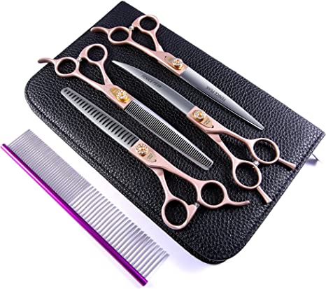 Fenice Peak 7.5‘’ Professional Dog Grooming Scissors Set Rose Gold 440C Stainless Steel Straight Thinning Curved Chunker Shears 4pcs Set for Pet Grooming Services Dogs and Cats