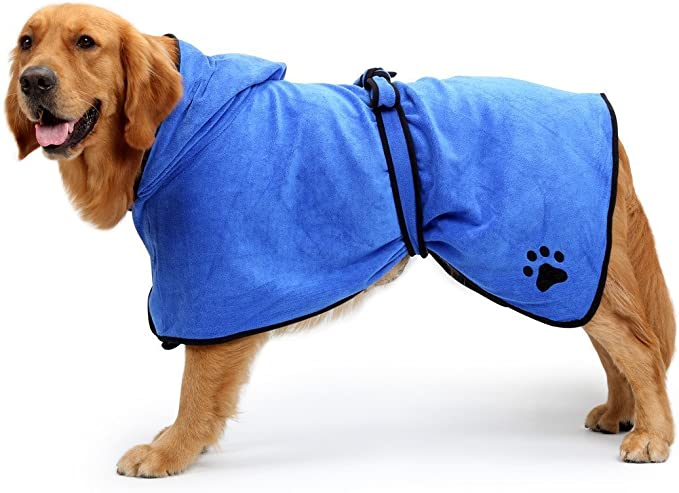 BONAWEN Dog Bathrobe Soft Super Absorbent Luxuriously 100% Microfiber Dog Drying Towel Robe with Hood/Belt for Large,Medium,Small Dogs
