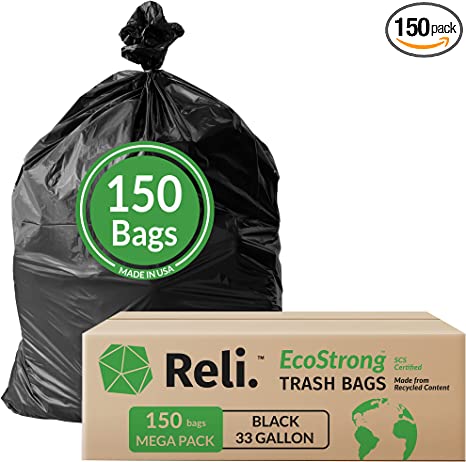 Reli. Eco-Friendly 33 Gallon Trash Bags (150 Count Black) Recyclable Garbage Bags 33 Gallon - Made in USA / Made from Recycled Material - Black 30 Gallon - 35 Gal Large Capacity (30 Gal - 35 Gal)