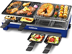 Raclette Table Grill, CUSIMAX Indoor Grill Electric Grill, Portable Korean BBQ Grill with 2 in 1 Reversible Non-stick Plate & Natural Grill Stone, 8 Raclette Pans 8 Wooden Spatulas for Family Fun, 1500W Blue