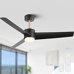 Wofifly 52 Inch Ceiling Fans with Lights and Remote, Matte Black and Gold Ceiling Fan, Modern Fan with Memory LED Light, Reversible 3 Blade Ceiling Fan for Bedroom Living Dining Room Kitchen