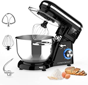 Comforday Stand Mixer, 6.5 Quart 660W 6 Speeds LCD Display Tilt-Head Electric Kitchen Mixer with Beater, Dough Hook, and Wire Whip, Dishwasher Safe Attachment, Upgraded Metal-Gear, Splash Guard, Black