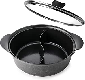 Haufson Yin Yang Hot Pot With Divider, Works with All Major Hobs, Naturally Non-Stick, Soup Cookware, Professional Kitchenware for The Home (Black)