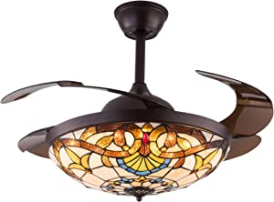 42 Inch Tiffany Style Invisible Ceiling Fan with Lights and Remote Control,Retractable Blades 3 Speeds 3 Light Changes Fandelier Chandelier Fan,Quiet Motor,Indoor Ceiling Lighting Fixture