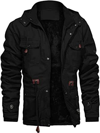 CHEXPEL Men's Thick Winter Jackets with Hood Fleece Lining Cotton Military Jackets Work Jackets with Cargo Pockets
