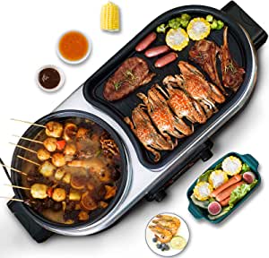 Hot Pot Electric with Grill,Griddle Indoor Grill 2 IN 1 Korean Bbq Grill Shabu Shabu Hot Pot Hotpot Electric Teppanyaki Grill Smokeless Indoor,Separate Dual Temperature Control Easy Clean for 2-8 People